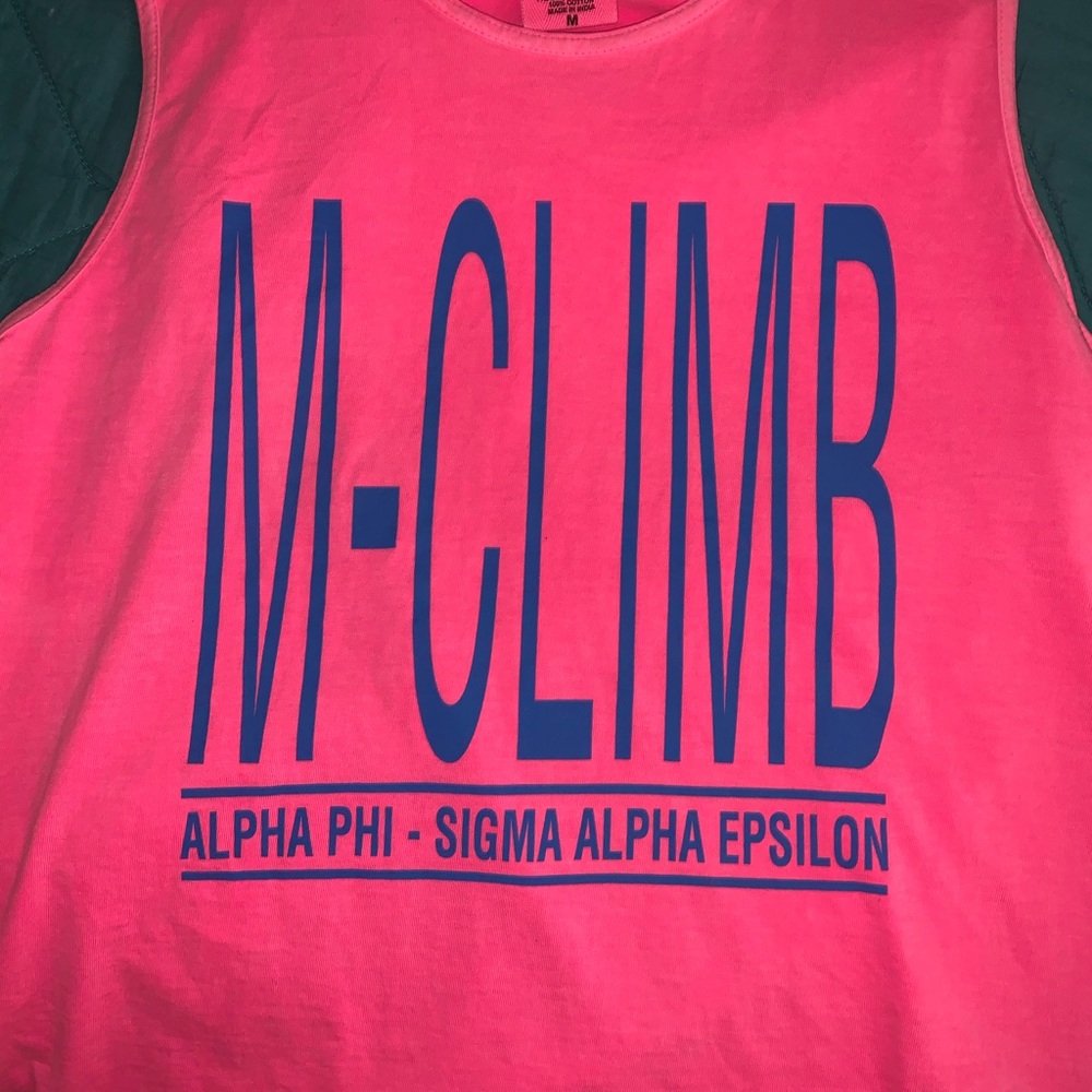 neon pink alpha phi and sae m climb tank top
